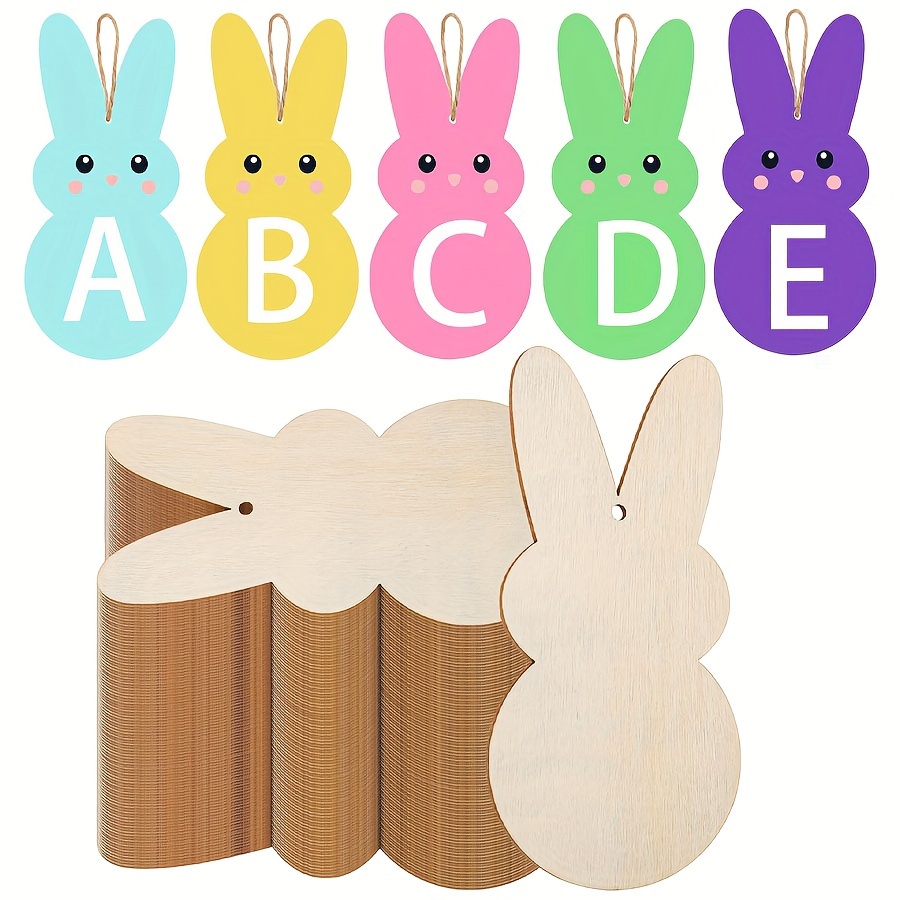 

24pcs Ensemble de décoration de Pâques en bois - de lapins en bois vierges avec corde pour décorations d'art et de bricolage de printemps, Non chargées, Couleurs variées