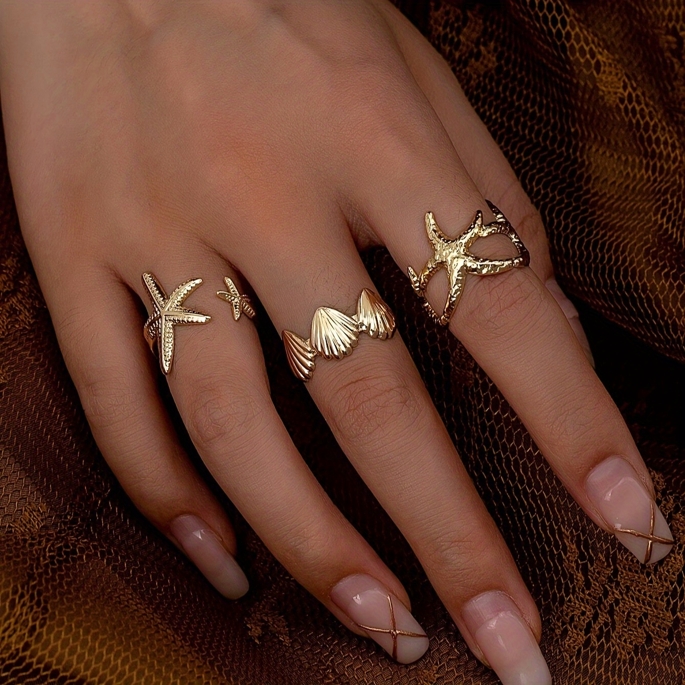 

3pcs Metal Ring Set With Three- Starfish And Shell , Adjustable Ring Set For Women, Suitable For Dancing, Parties, Vacations, Hand Accessories, And As A Date Gift For Your Girlfriend