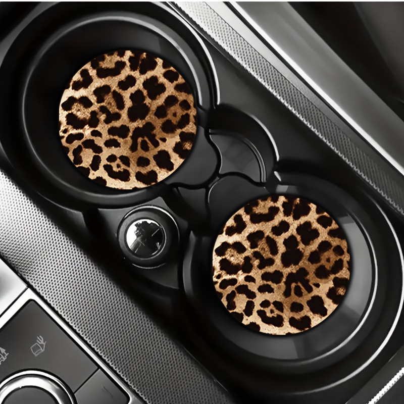 

2pcs Brown Leopard Print Car Cup Holder Coasters - Fit For Vehicle & Home Office Desk, Synthetic Rubber, Universal, Interior Accessories