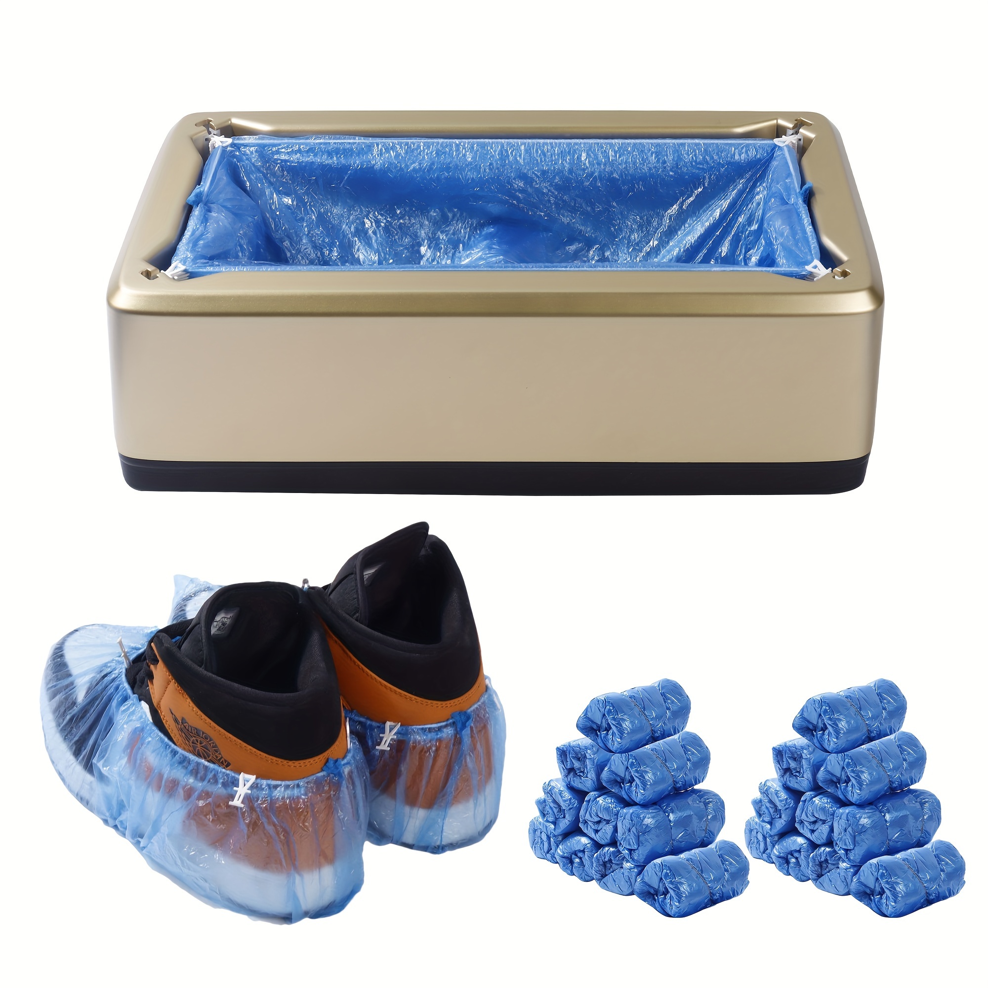 automatic shoe cover dispenser 200 disposable shoe covers waterproof and non slip suitable for mens   12 cuts very suitable for home   and indoor use golden silvery