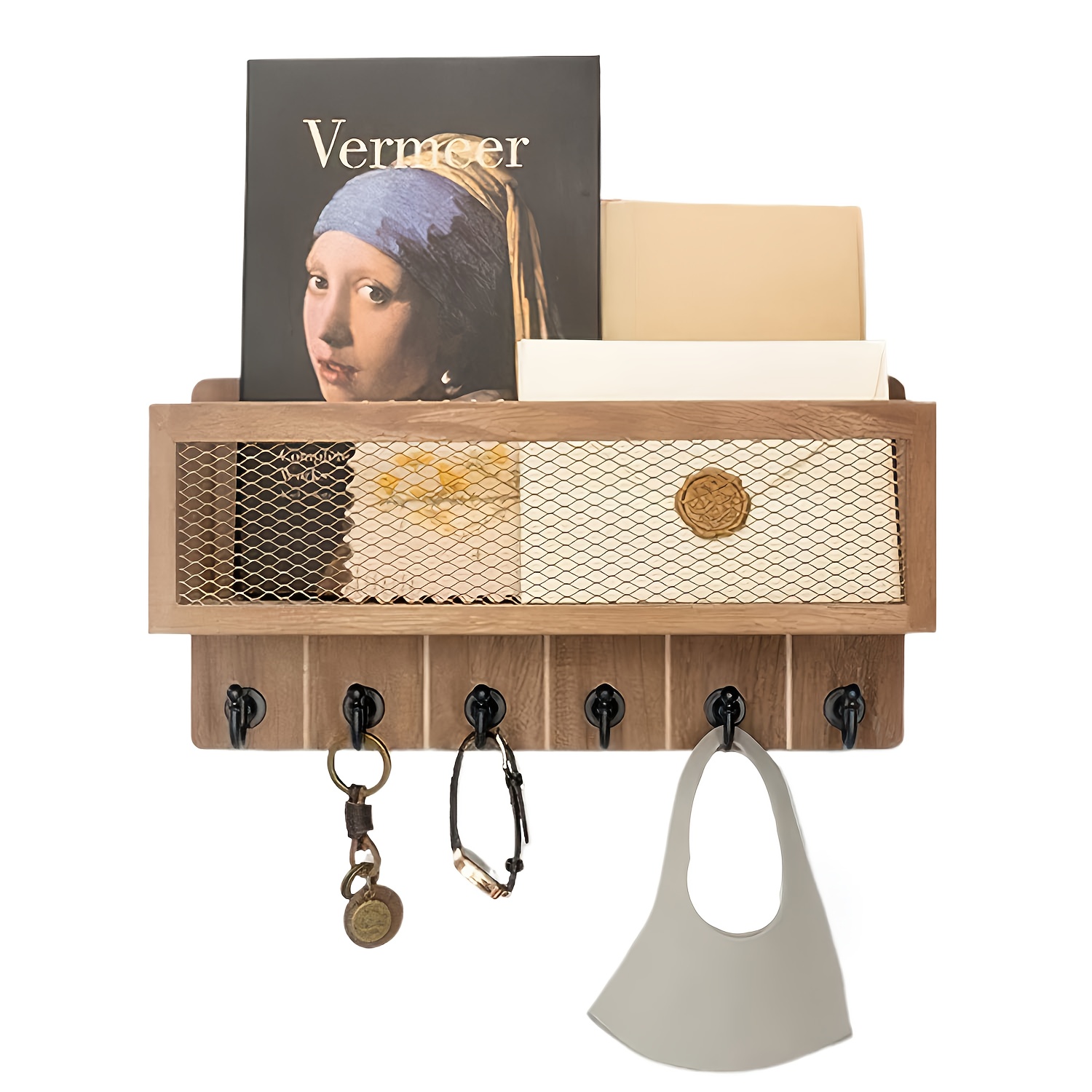 Wall-mounted Wooden Storage Shelf With 6 Hooks, Key Holder Set, 9×10×33cm Mail Organizer Basket, For Keys, Coats & Letters In