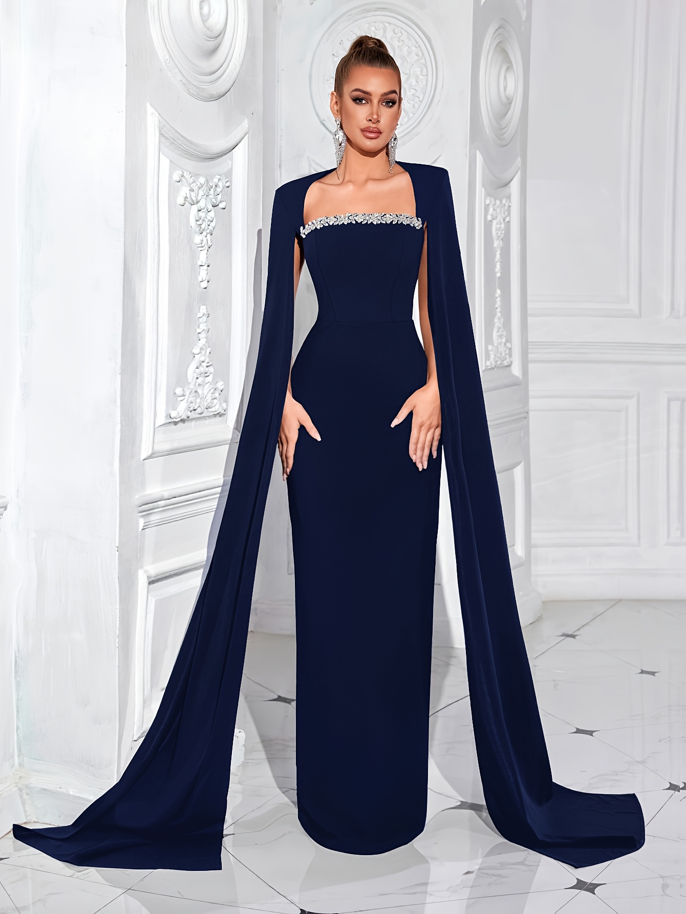 elegant nigerian wedding guest dresses Embroidered Satin Open Criss Cross Back Long Prom Dress main image 1
