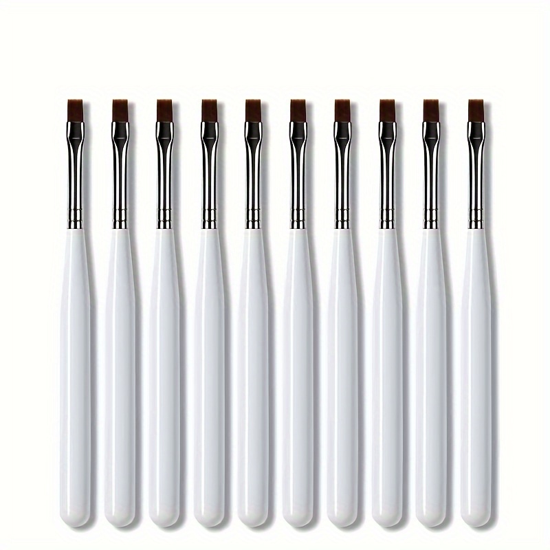 

10-piece Nail Art Brushes Set - Flat Tip Uv Gel Painting Drawing Pens, White Handle, Unscented - Professional Nail Extension & Builder Gel Design