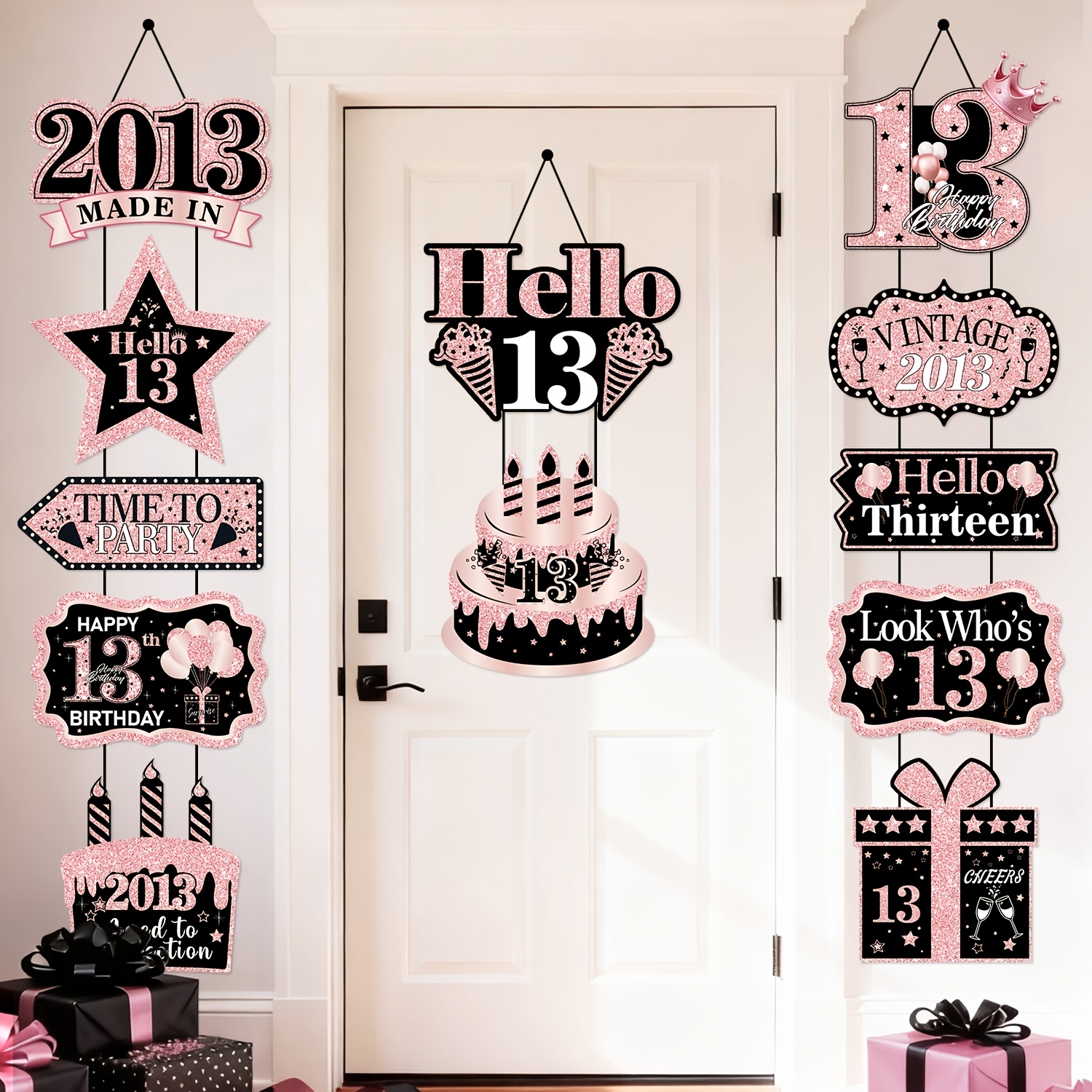 TEMU Décorations de fête pour 13e anniversaire, bannière de fête pour 13e anniversaire or rose, 12 pièces, bannière de porte pour 13e anniversaire or