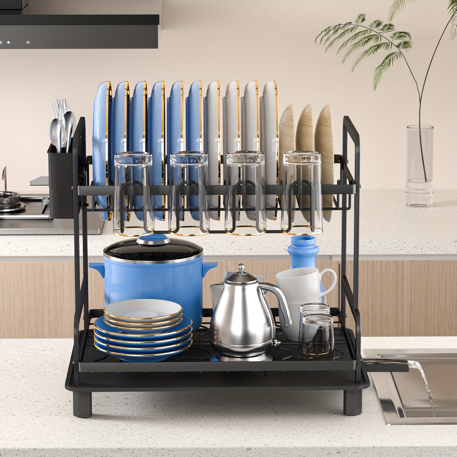 TEMU 2 Tier Dish Drying Rack | Steel Dish Drainer With Drip Tray And Swivel Spout, Includes Utensil Holder And Cup Rack, No Electricity Needed