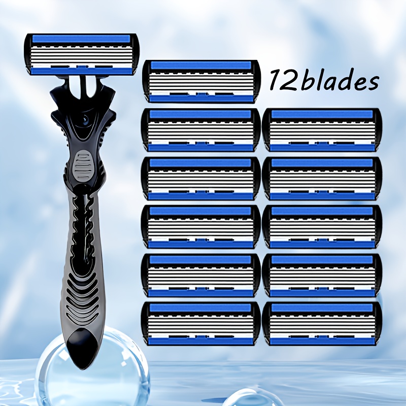TEMU Men's Manual Razor, Gray-black Non-slip Handle, 1 Set Includes 1 Handle + 12 Sharp And Durable Replaceable , Six-layer Blue Double-layer