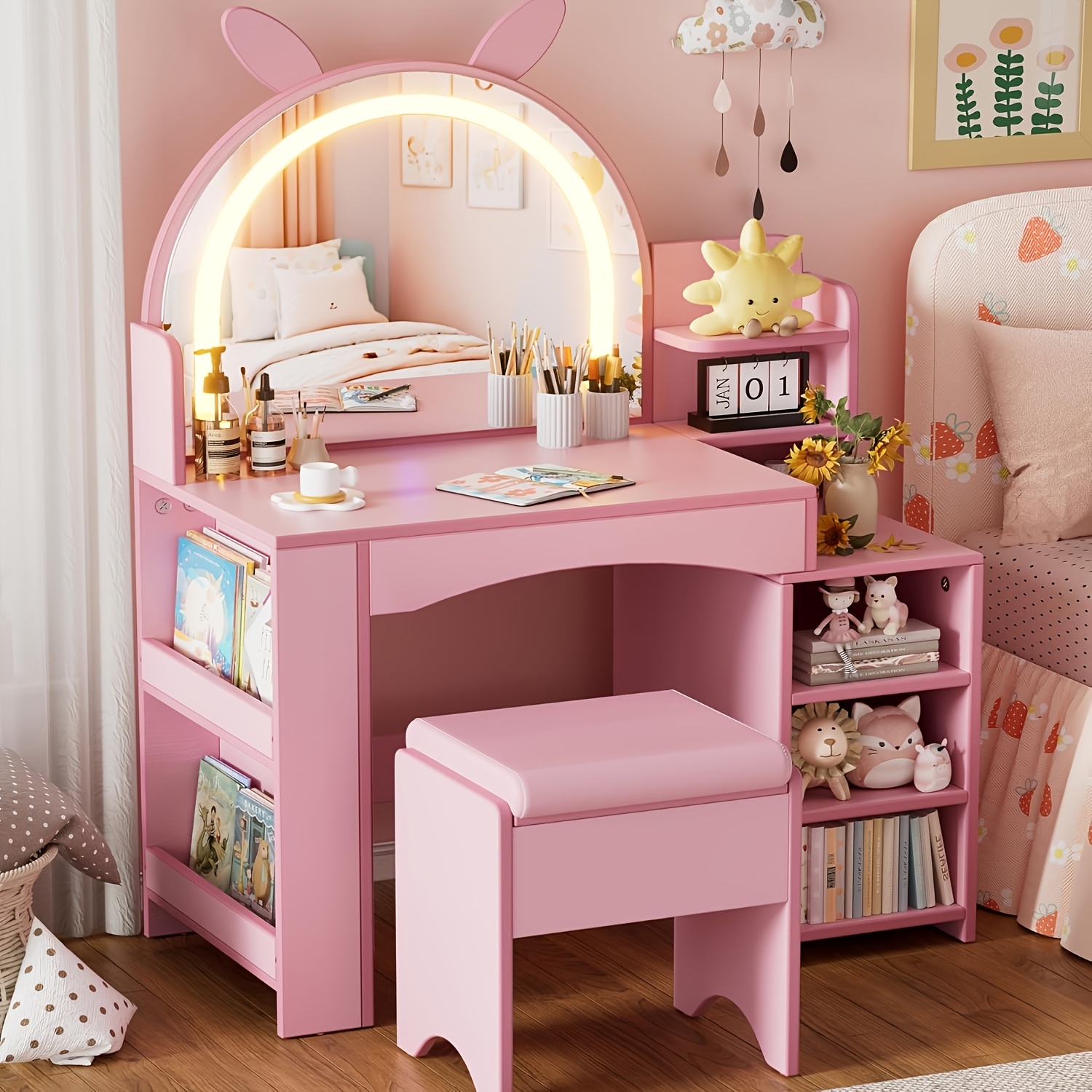 TEMU 3-in-1 Princess Dressing Table Set | Pink, With Stool And Mirror, Made Of Artificial Board And Wood, Contemporary Msfe