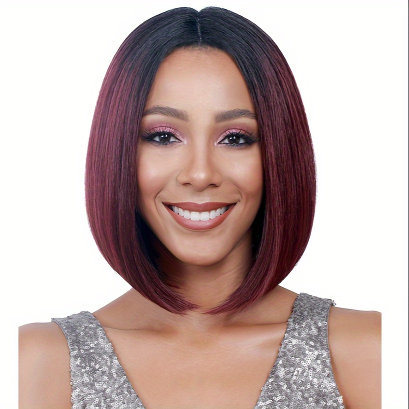 

Ladies' Straight Bob Wig With Black To Burgundy Gradient - Heat Resistant Fiber, Suitable For All Ethnicities