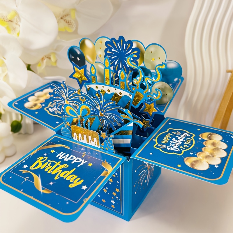 

3d Pop-up Blue Birthday Card Box, Handmade Paper Carving With Unique Cartoon Theme - All , Laser-cut Design - Ideal Holiday Gift