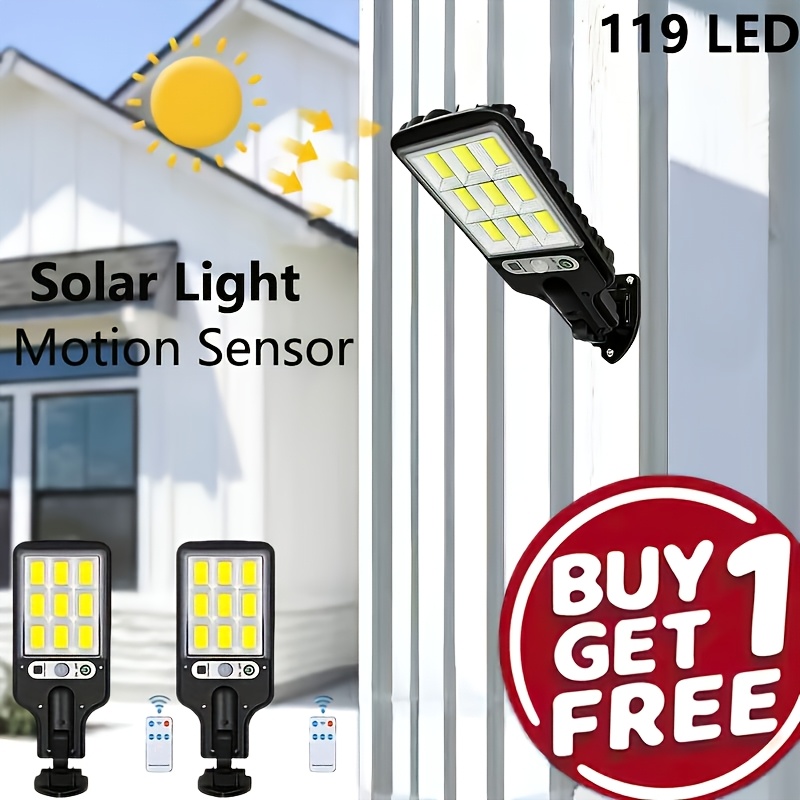 Image of Buy 1 Get 1 Free, Total Of 2pcs, Solar 119led Sensor Light Outdoor | Human , Remote Control, 3 Light , Ip65, For Garden Yard Road Porch Courtyard Park Garage, Semi Flush Mount