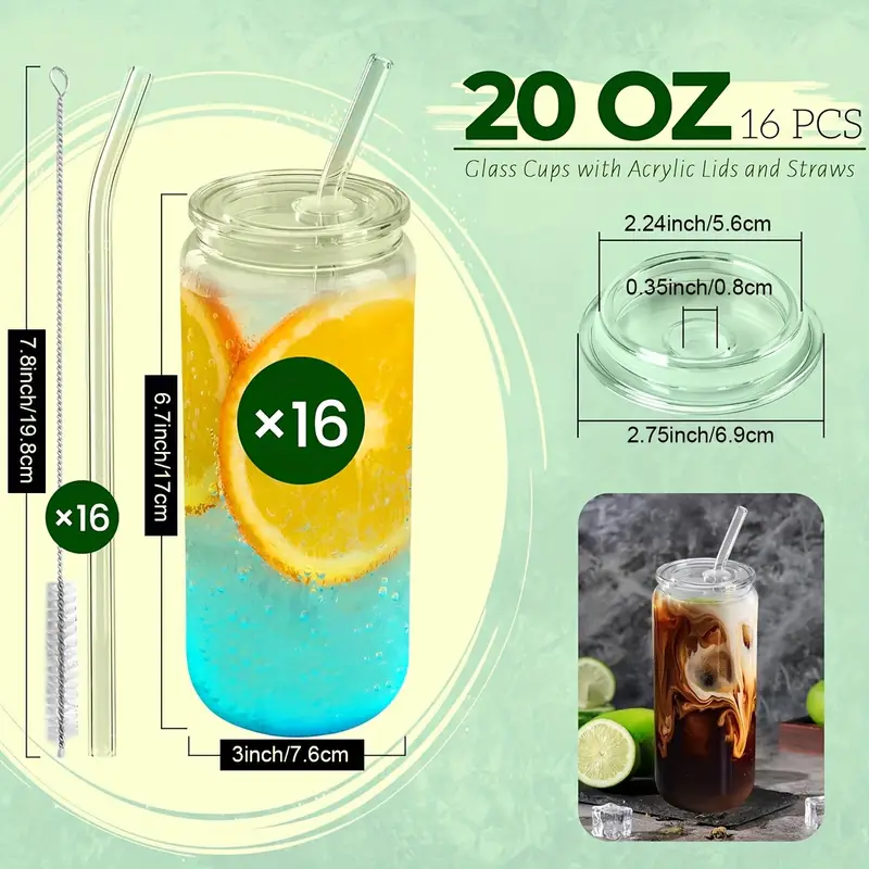 20 oz glass cups with acrylic lids and straws 16 pcs can shaped glass iced coffee cups with lids drinking jar glasses cute tumbler cup great for smoothie soda boba tea cocktail beer gift Product details 11