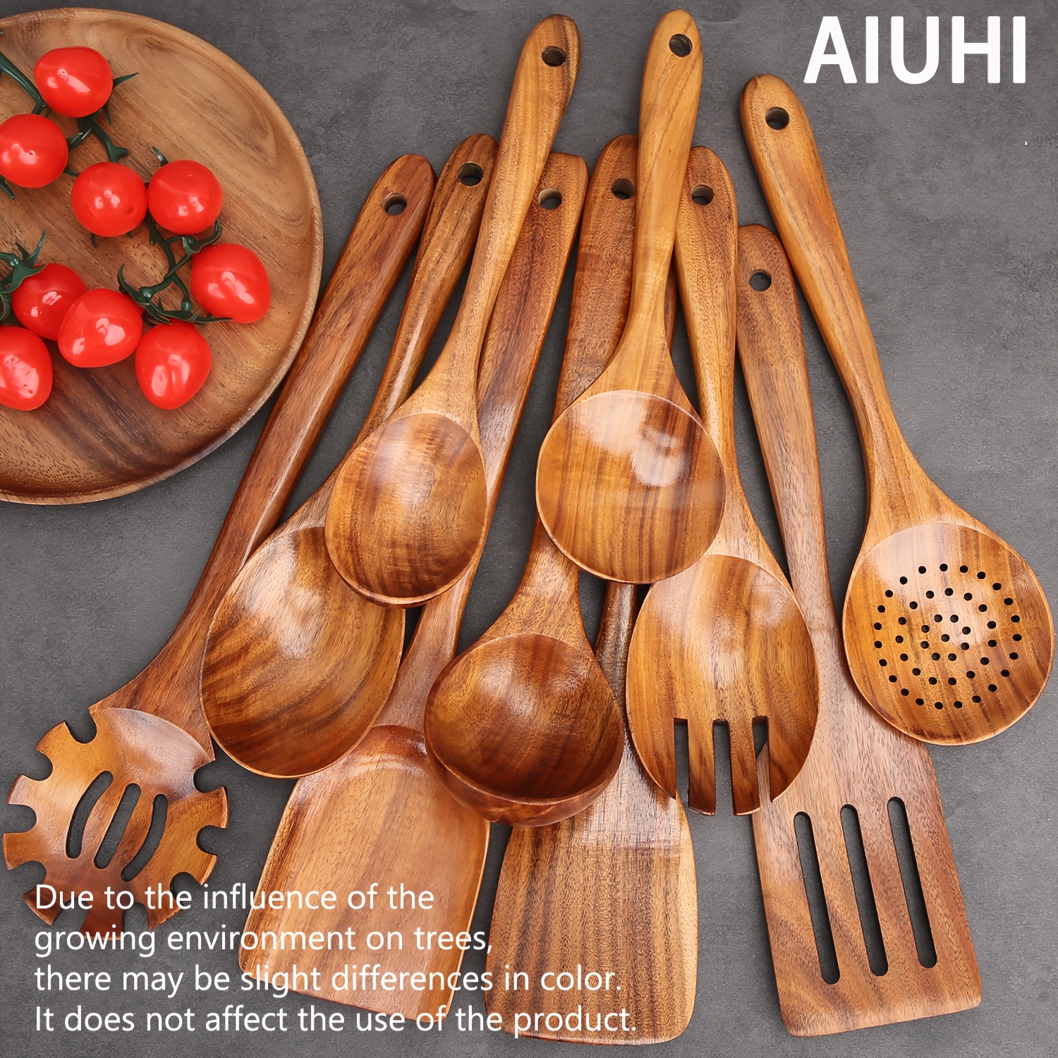 Image of Aiuhi 10pcs Wooden Kitchen Utensils Wooden Spoons For Cooking Wood Kitchen Utensils For Nonstick Pan Nonstick Kitchen Utensils