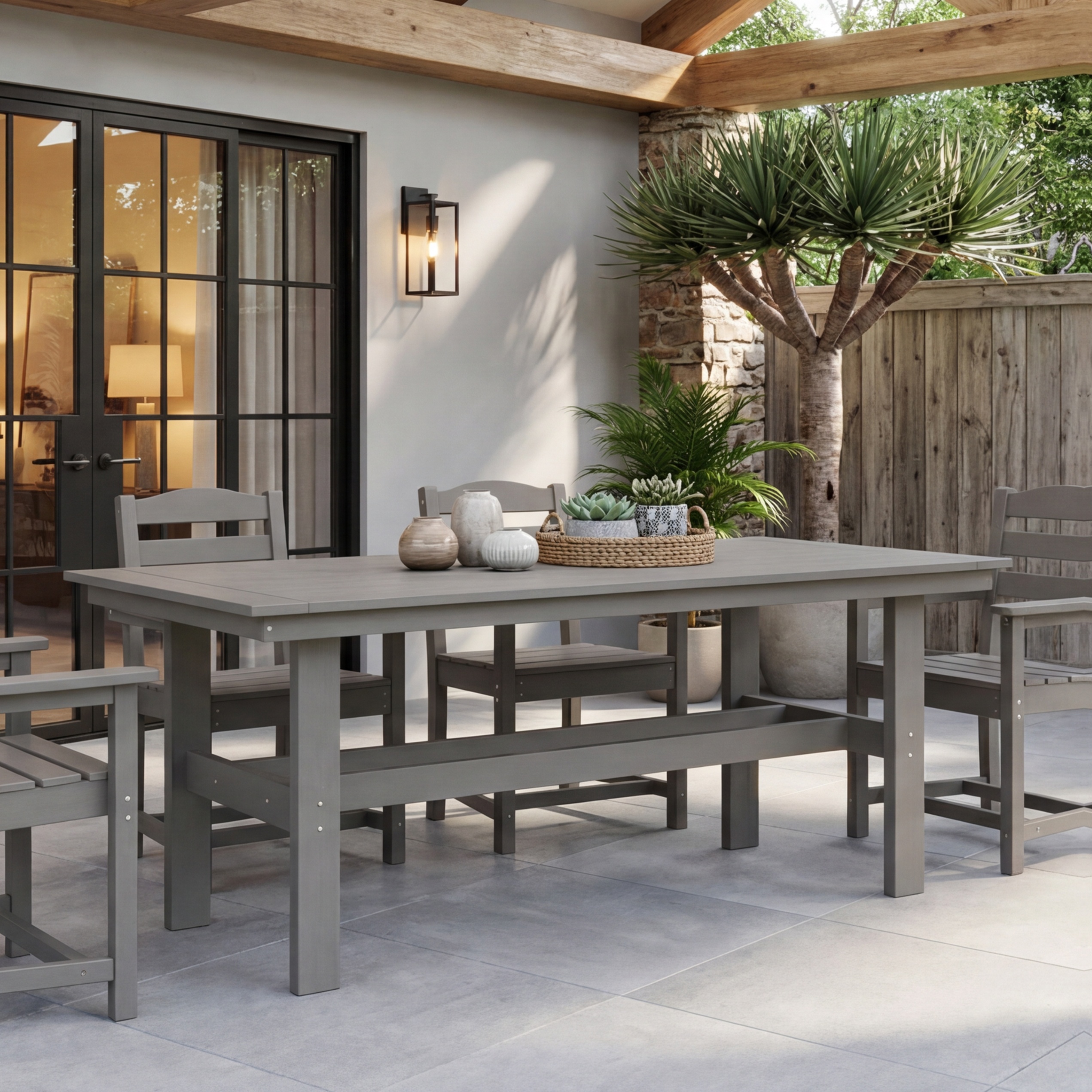 Modern Outdoor Dining Table for 6-Person Rectangle Indoor Outdoor Table with Umbrella Hole & Wood-Like Surface, Weather-Resistant Outside Dining Table for Patio Lawn Garden Backyard, 32.7