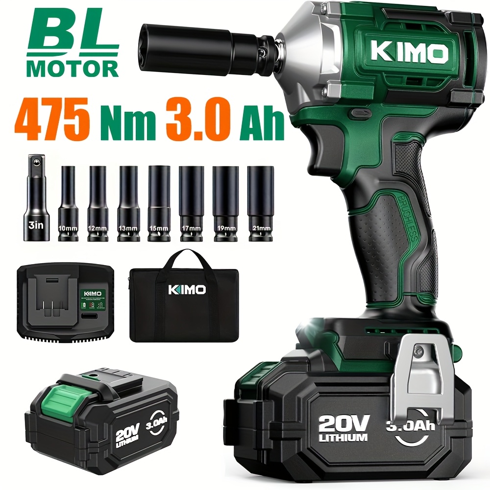 

Kimo Cordless Impact Wrench 1/2 Inch, Impact Wrench Kit W/premium , 7 Sockets, 1/2 Impact , Brushless Impact Driver With 350 Ft-lbs (475n.m) & 3000 Rpm And Battery & Charger