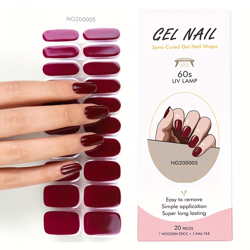 

1 Boîte de 20 Autocollants Semi-Curés pour Ongles en Gel, Élégants Autocollants en Gel pour Ongles Rouge Cerise Longue Tenue