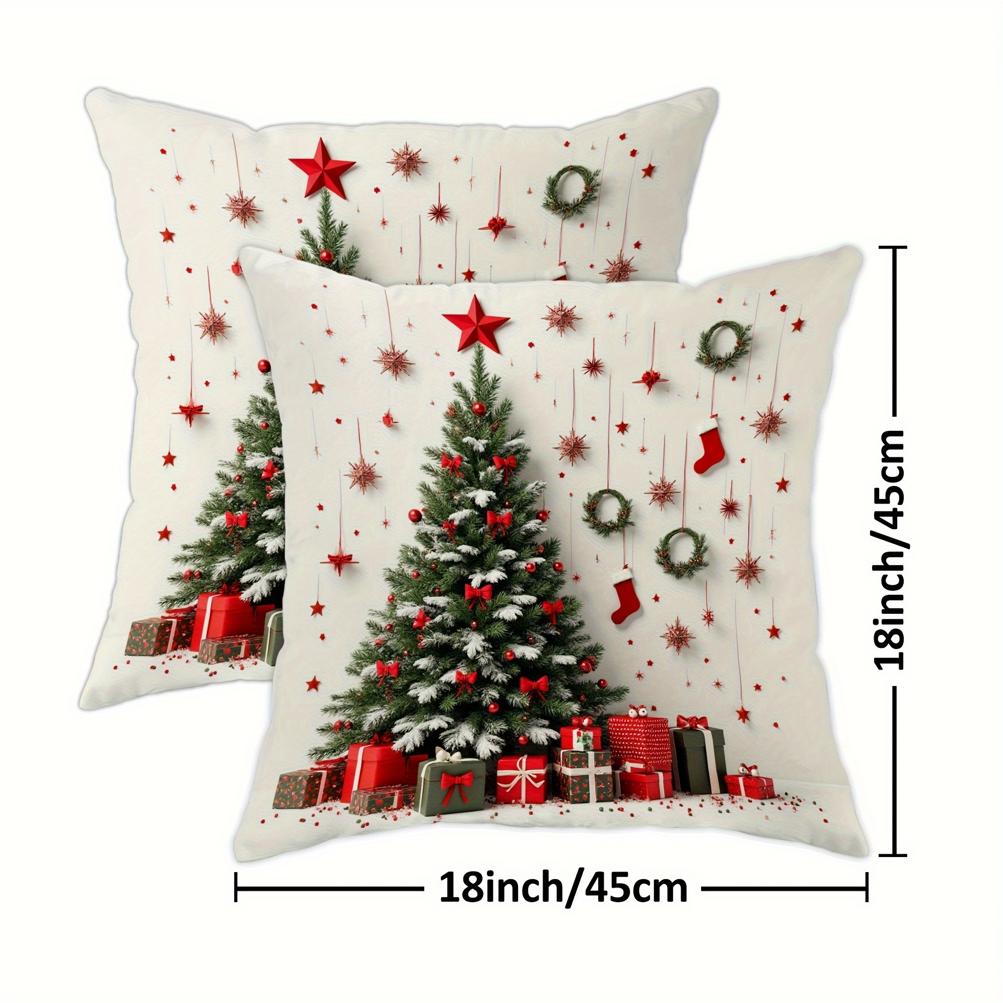 TEMU 2pcs Christmas Decoration Winter Tree Gift Star Wreath Stocking Throw Pillow Covers Festive Red Green White 2d Flat Cosy Soft Decorative