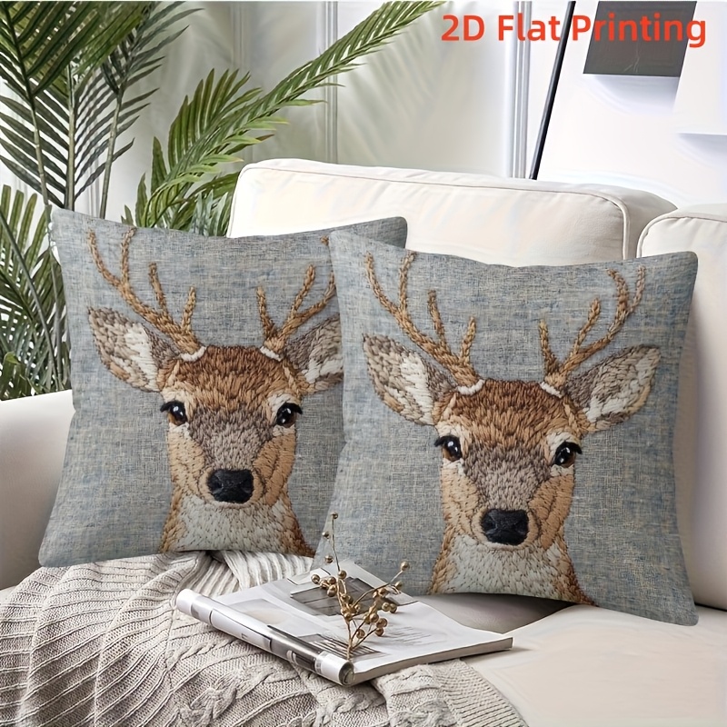 TEMU 2d Flat - Set Of 2 Deer Antler Lawn Decorative Pillow Covers, Featuring 2d Flat Printing, Suitable For Indoor Living Rooms, Bedrooms, Sofas, And