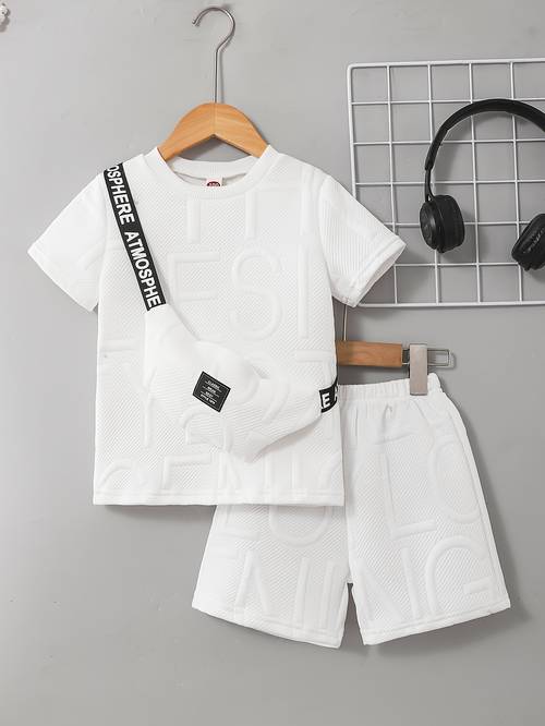 boys letter jacquard 3pcs set t shirt bag shorts comfortable and lightweight summer sportswear for outdoor activities and daily wear perfect as a gift outdoor