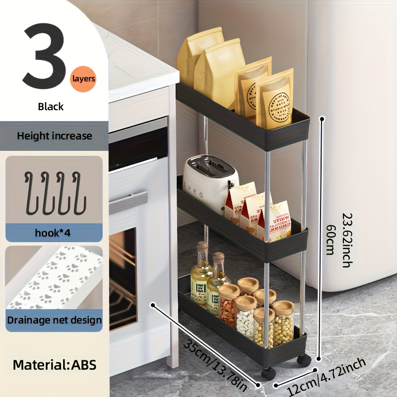 3 tier   rolling storage cart with wheels black narrow rack with metal tubes vertical organizer for kitchen bathroom laundry room living room no   mobile storage unit sleek storage cart compact desig