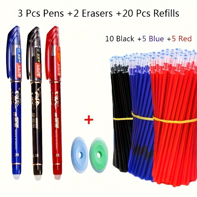 

25 Pieces/set Black Blue Red Ink Erasable Pen Fillingstick 0.5mm Magic Erasable Gel Pen Infinite Rubberoffice School Stationery (3 Pens+20 Refills+2 Eraser)