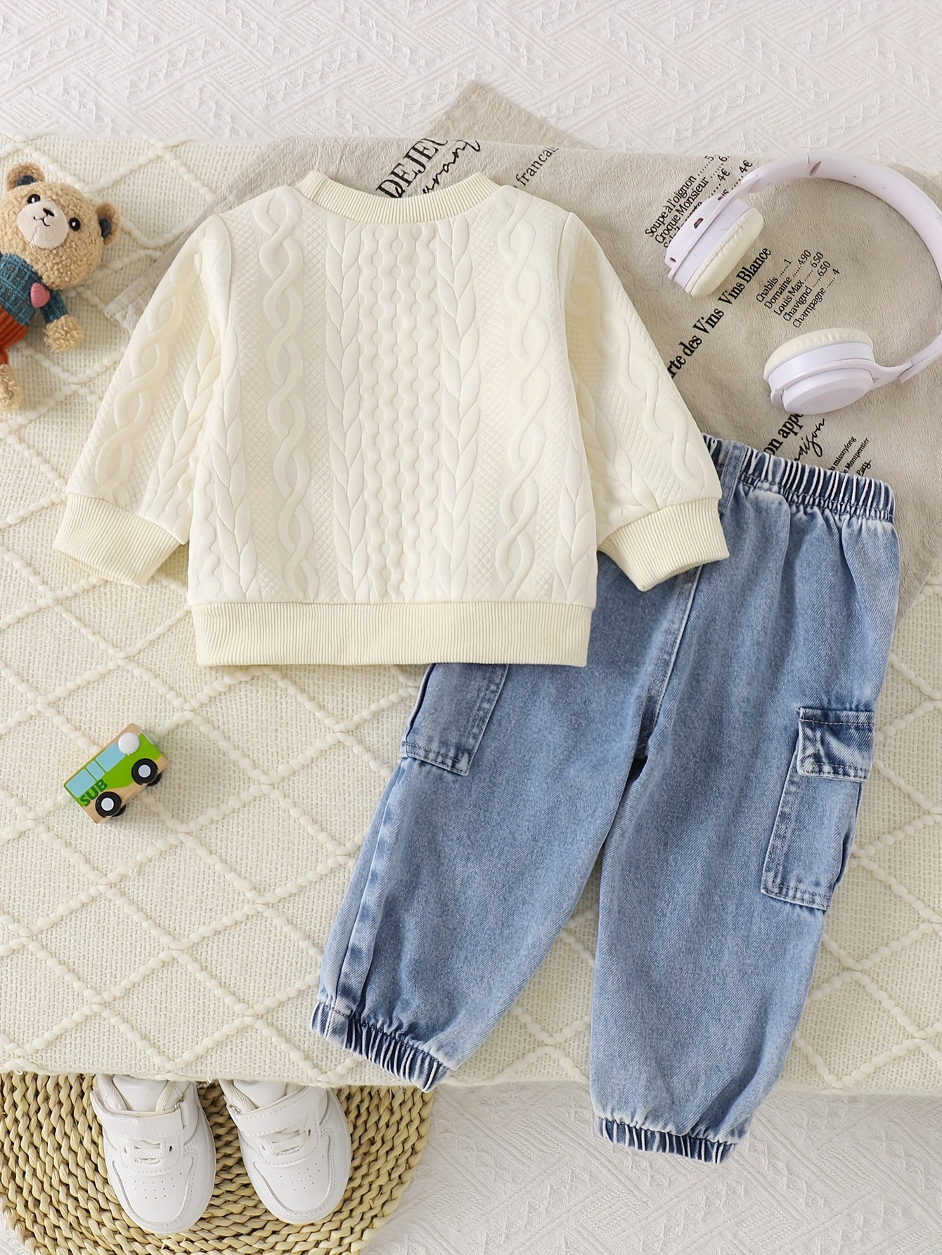 2pcs winter outfit set   patch sweater fringe hem jeans with elastic waist brown bear pocket pants machine washable clothes autumn winter casual playwear   outdoor Product details 6