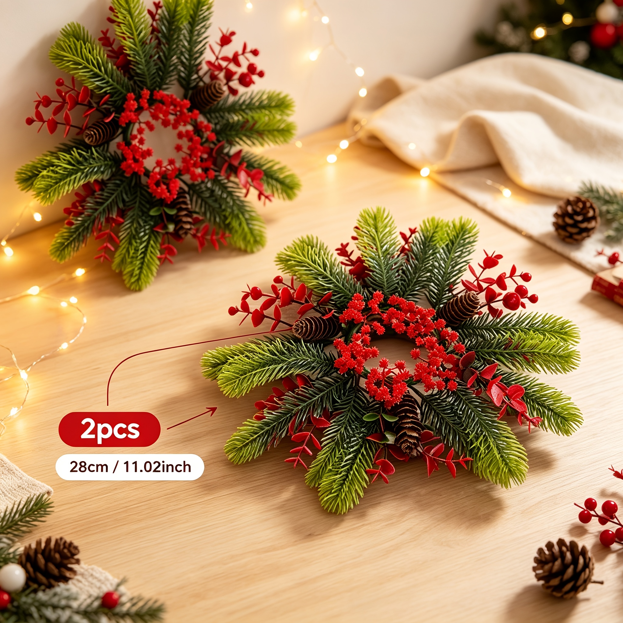 TEMU 2pcs Artificial Christmas Wreaths, Realistic Shape, Desktop Decorative Cylindrical Items, Durable Plastic, , Ideal For Enhancing Christmas