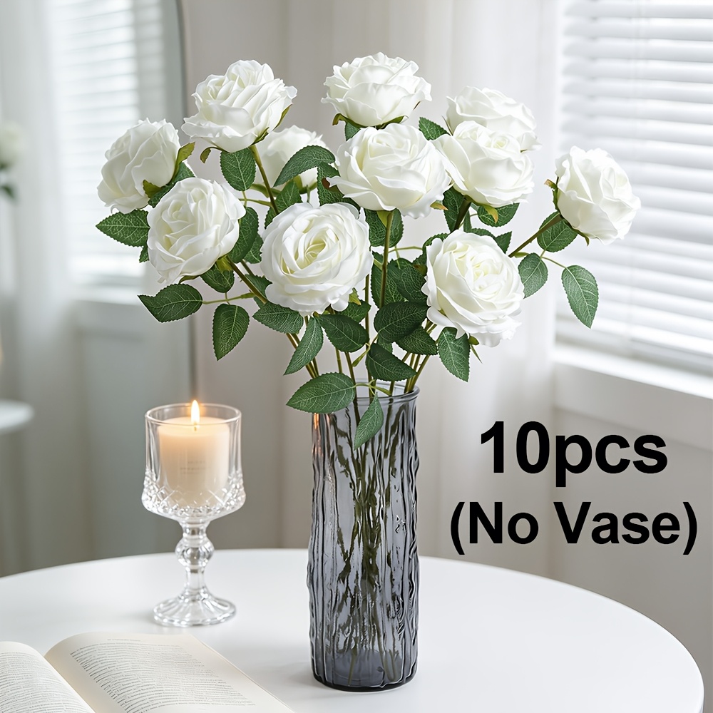 TEMU 10pcs Artificial Rose Bouquet - Realistic Silk Roses With Long Stems, Wholesale Suitable For Wedding Bridal Bouquets, Table Centerpieces, Home