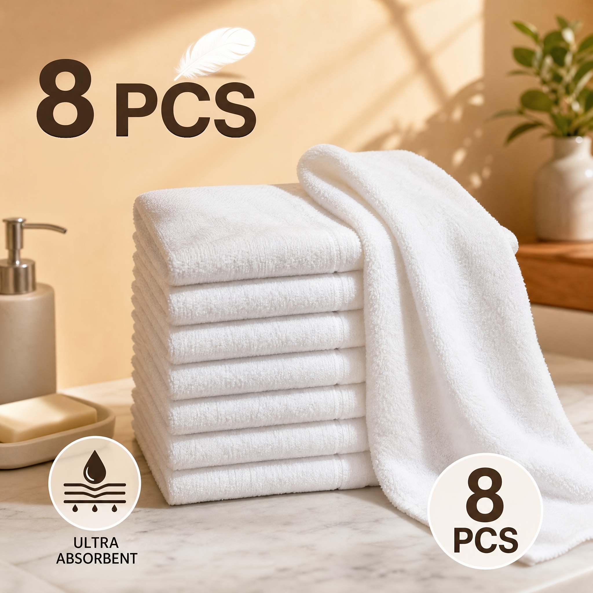 TEMU 8pcs White Square Face Towels 11.8 X 11.8 Inches Durable Reusable Face Flannel Cloths Machine Washable Hand Towels For Camping Bathroom Cleaning