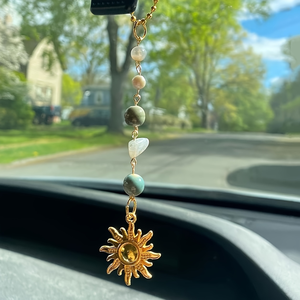 

Sun Stone Car Mirror Charm - 8.5cm/3.35in - Natural Stone - Gift - Car Accessories