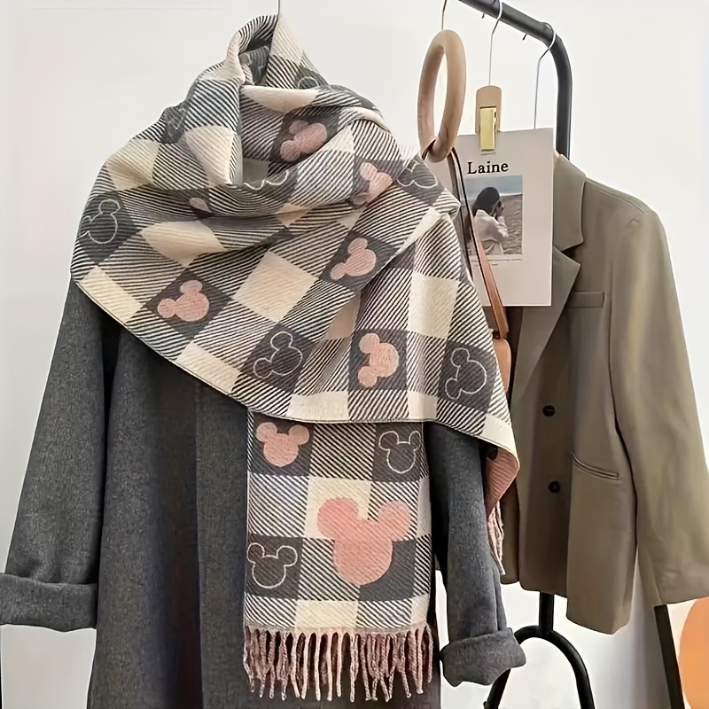 

Elegant Double-sided Cartoon Print Scarf - Polyester Knit Shawl With Tassels For Women, Inelastic, Windproof, Warm, Decorative, Hand Washable - Casual Outing Accessory For Autumn & Winter