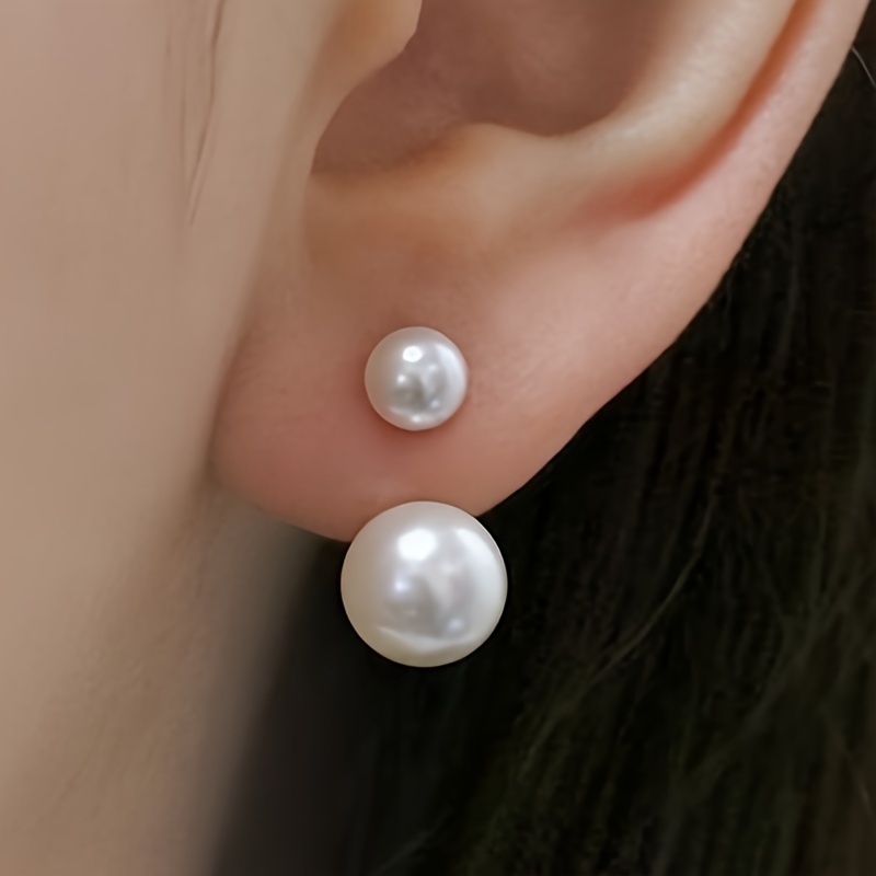 TEMU Pretty Double Imitation Pearl Design Stud Earrings Copper Jewelry Elegant Vintage Style For Women Summer Dating Earrings