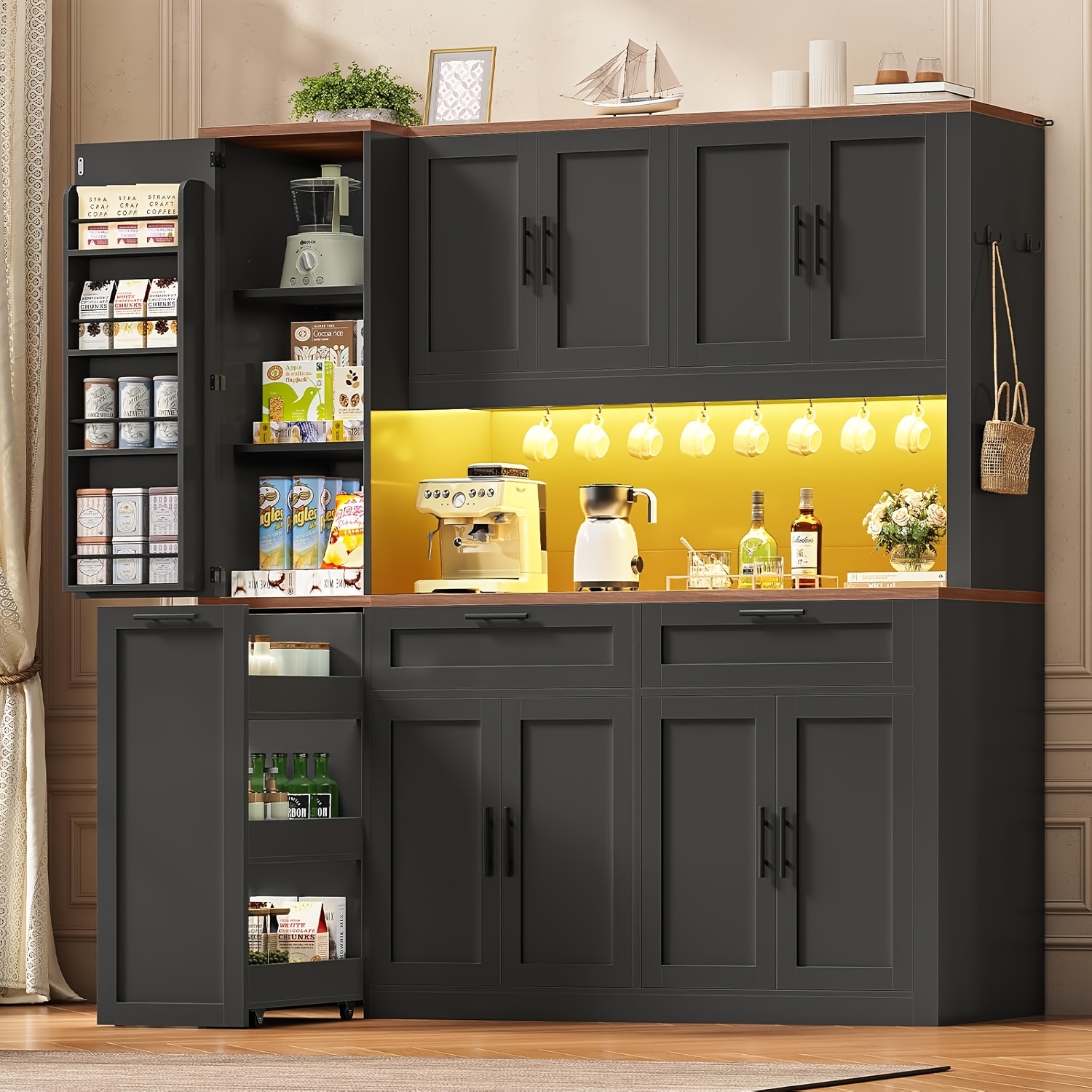 71 Inch Kitchen Pantry Cabinet with LED Lights And Charging Station, 59 Inch Wide Wooden Storage Cabinet with 2 Drawers, 8 Doors, 3-Tier Storage Cart, And 4 Door Shelves, Pantry Storage Cabinet with Microwave Stand for Dining Room, Black, White