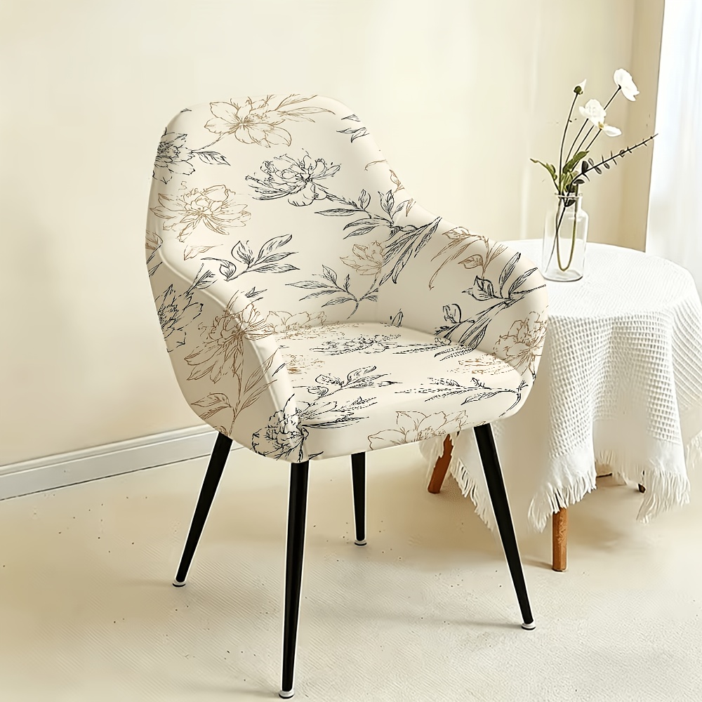 TEMU Lot de 1 housse de chaise à haut simple et , , feuille, fond beige, motif floral peint à , 2D plat, tissu extensible en fibre Y imprimé, housse