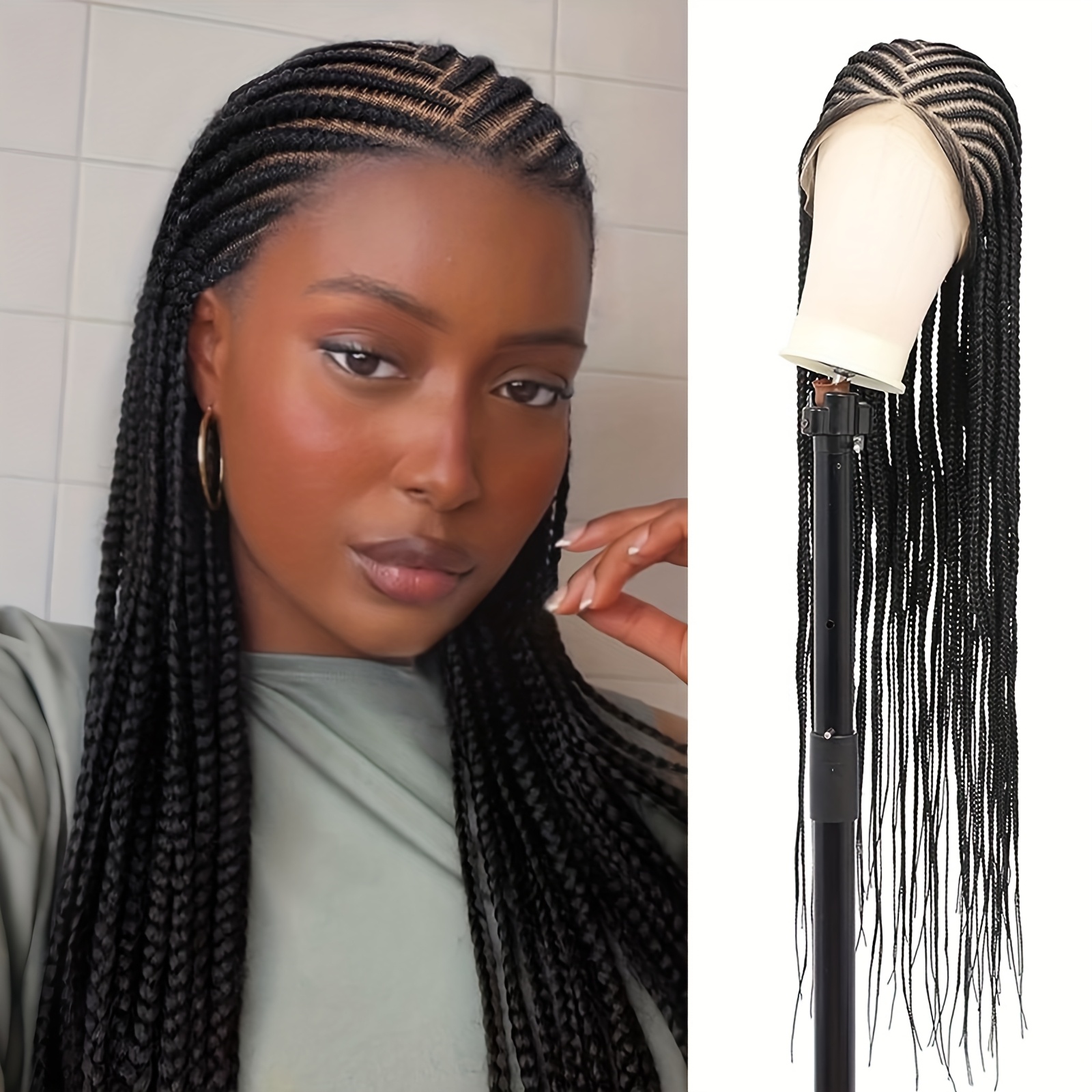 13x8 Hd Lace Front Braid Wig 38 Inch Cornrow Braided Wig With Bang Glueless Side Braided Wig For Women Synthetic Wig Halloween Costumes Cosplay Wigs For Women Costumes Wigs Daily Wear
