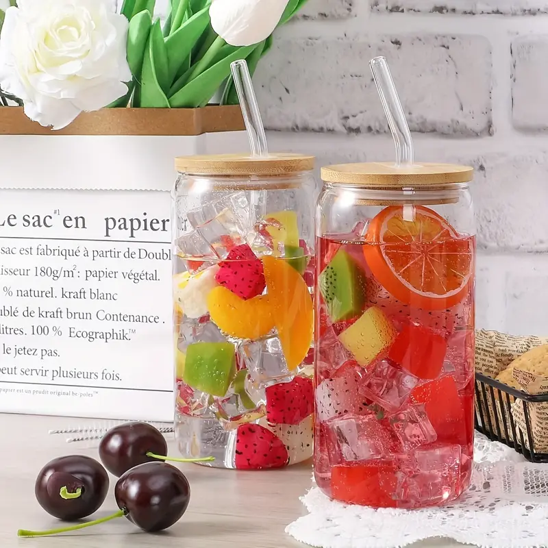 6 12pcs glass straw cups with bamboo lids mason jar cups iced coffee cups milk tea cups boba tea reusable suitable for furniture kitchens hotels home party supplies 18 7 ounces 550 milliliters Product details 6