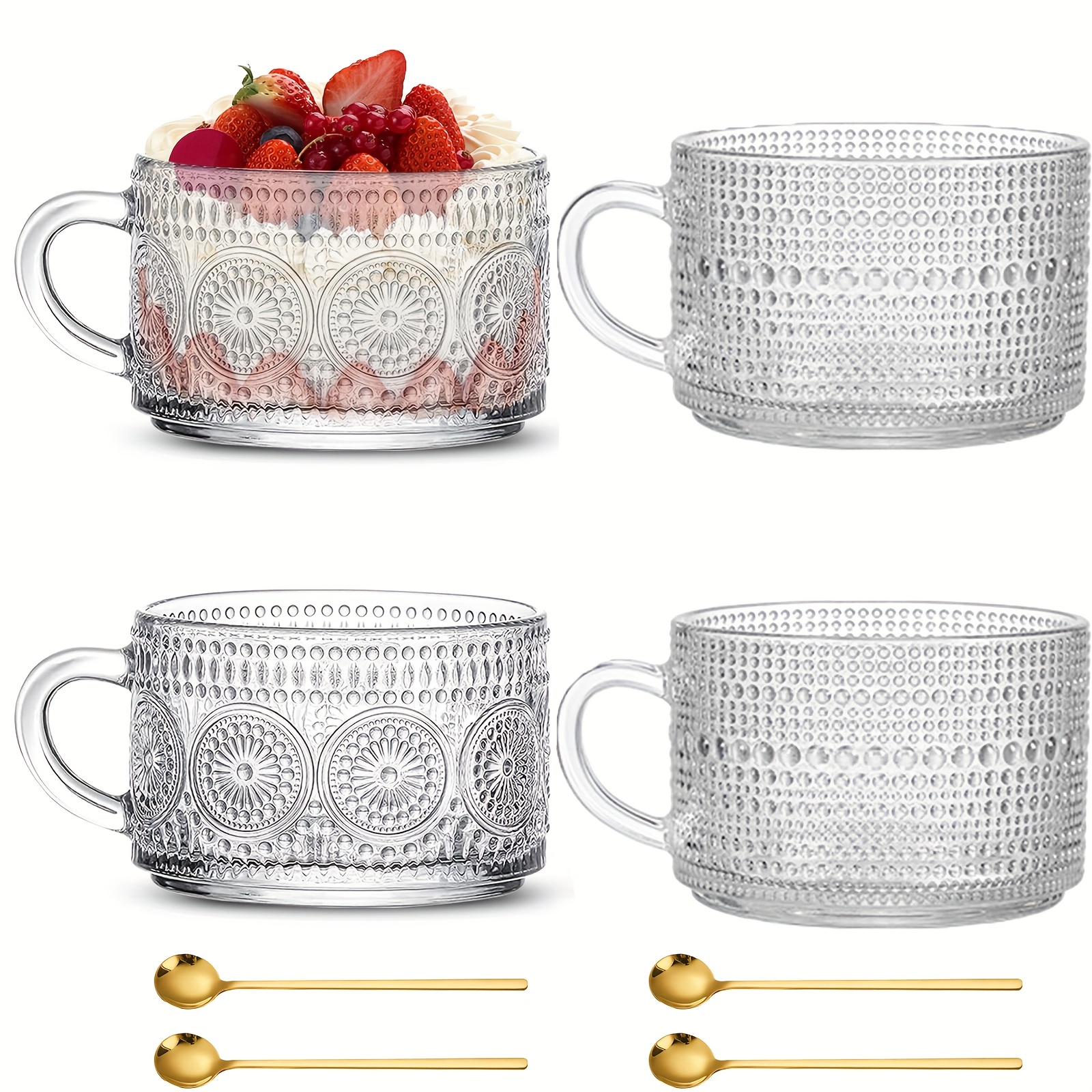 TEMU Vintage Glass Yoghurt Cups, Cream Cups With Bamboo Lids And Spoons, Embossed Textured Glass Cups, A Lovely Accessory For Coffee Bars As Well As Studies, Dishwasher And Fridge Safe!