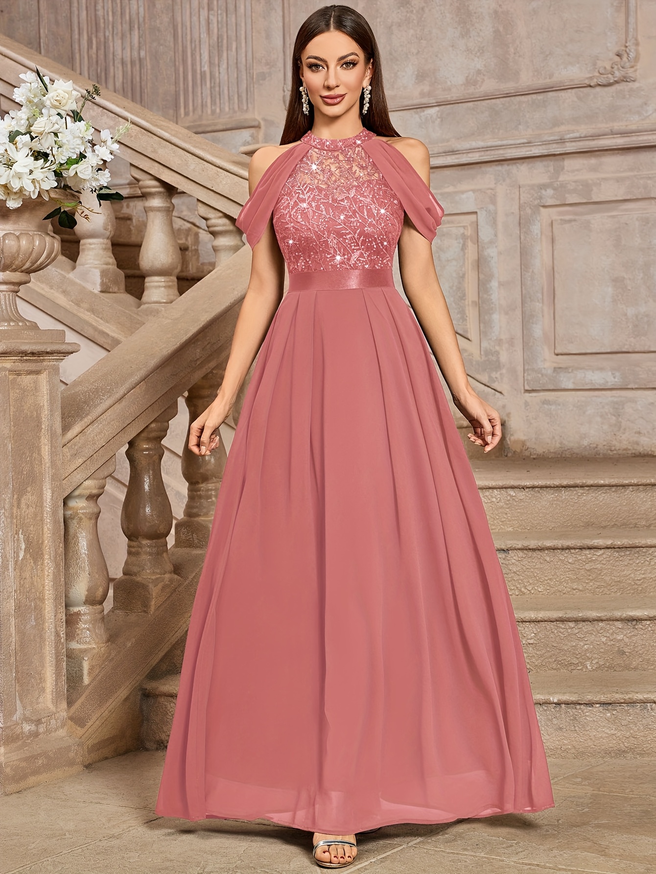 sachin and babi light blue dress 24413A Women'S Elegant Halter Embroidered Lace Chiffon Maxi Dress for  Formal Parties