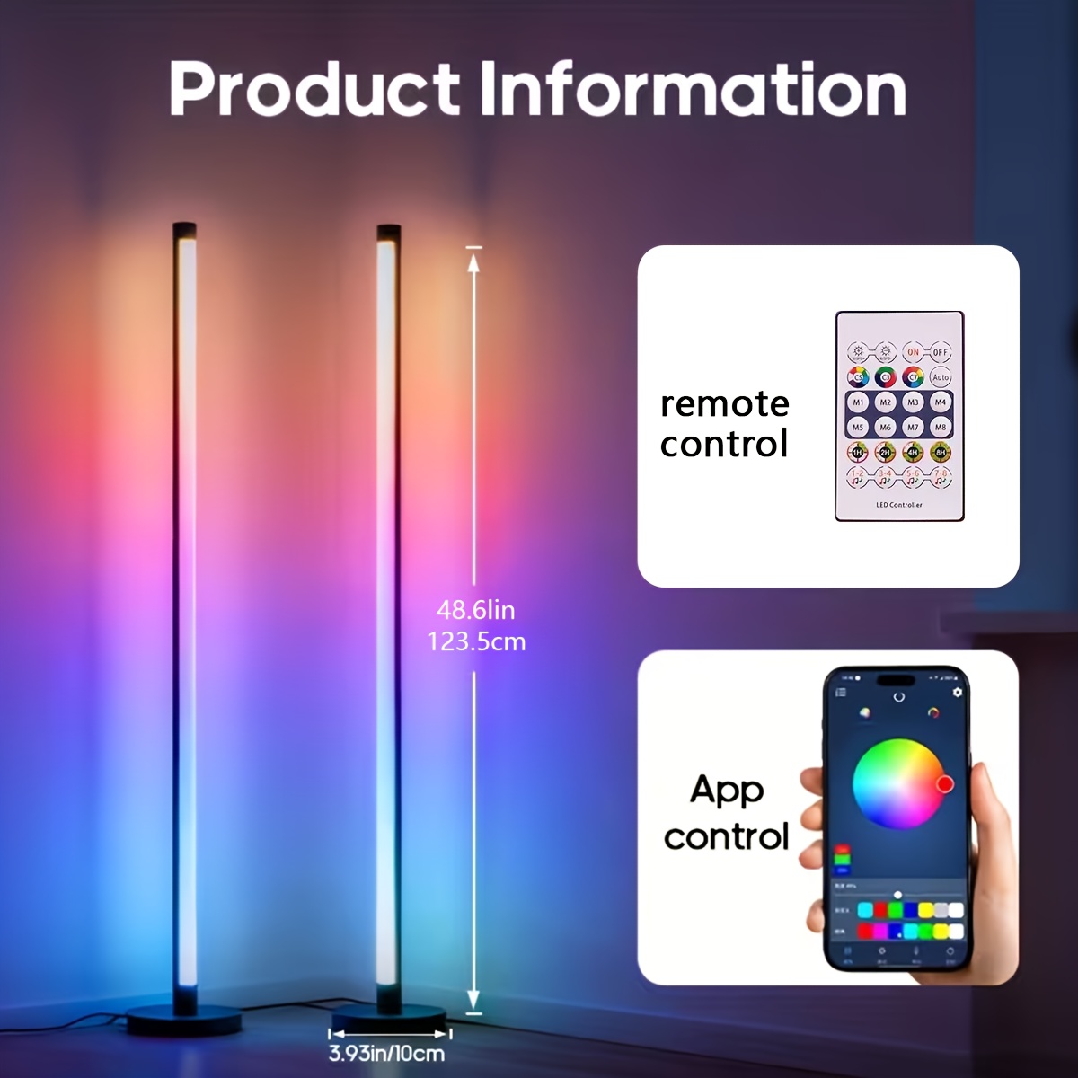 A Smart Color-Changing Floor Lamp, LED Corner Light with Music Synchronization, Controls The Ambient Lighting - Powered by USB, Suitable for Bedrooms, Living Rooms, And Gaming Areas - Adjustable Brightness, Modern Ambiance Light