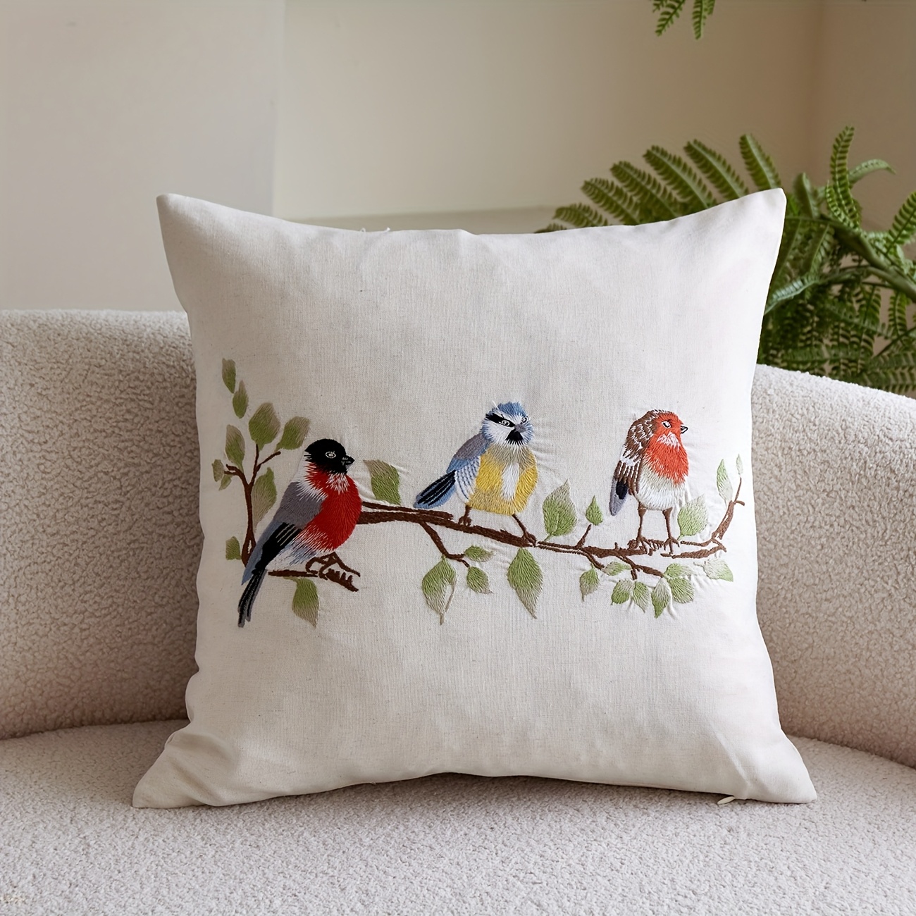 TEMU 1pc Beige Linen Birds On Branches Cushion Cover - Decorative Pillow Cover, Nature Style Indoor Decor, Throw Pillow/cushion Cover, Insert Not
