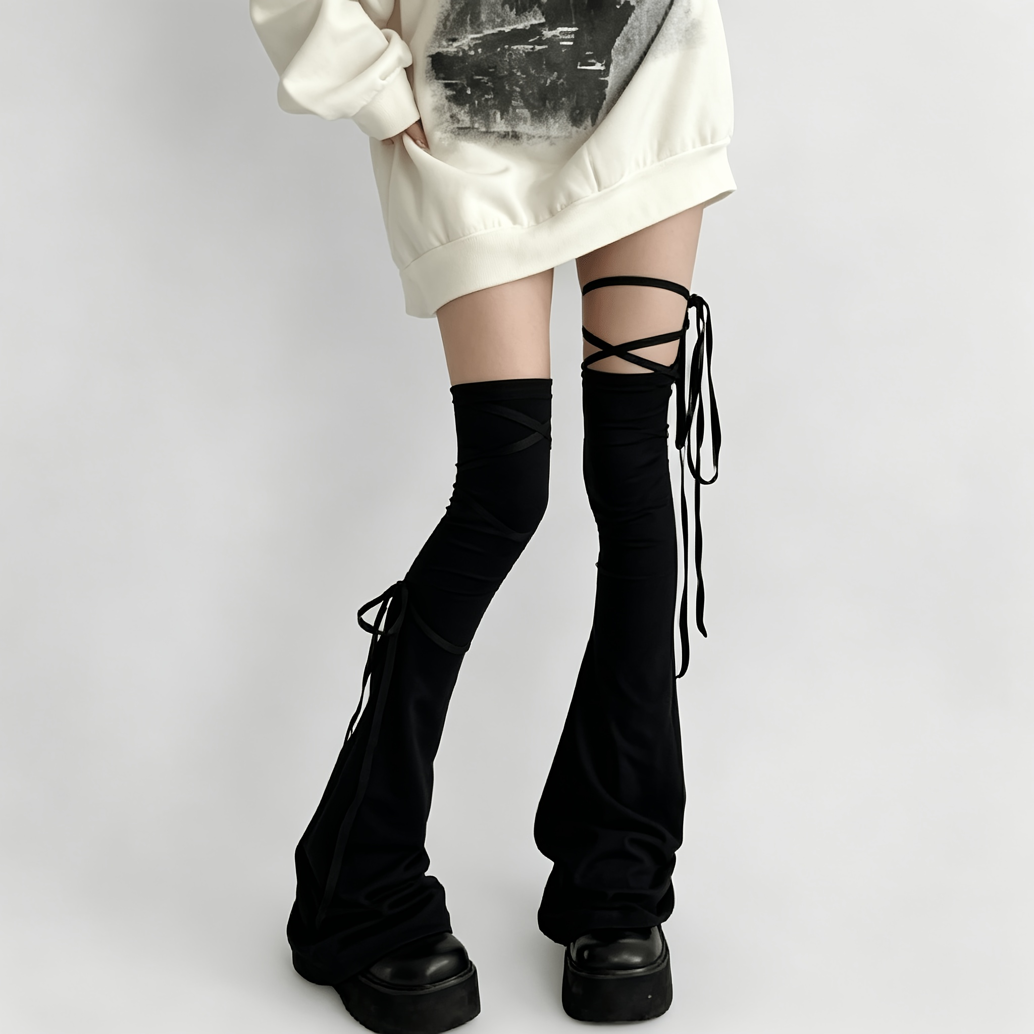 TEMU Y2k Dark Style Over-the-knee Flared Leg Strappy Tights | Spicy Gothic-inspired Design Strappy Thigh-high Stockings, Slouchy Pantyhose, Leg