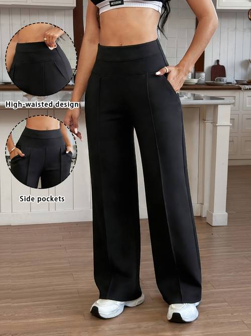 womens wide leg trousers with wide elastic waist full length pants loose fit high waisted casual workout pants suitable for spring autumn gym training solid color elastic comfortable long pants no