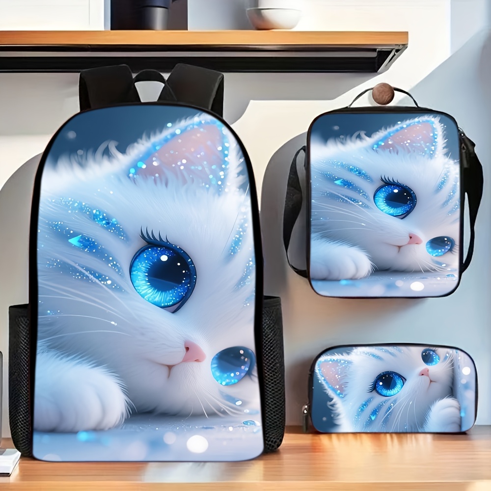 TEMU Popular Trendy Three-piece School Bag Set Featuring Cute Sparkling - Fluffy White Little Kitten