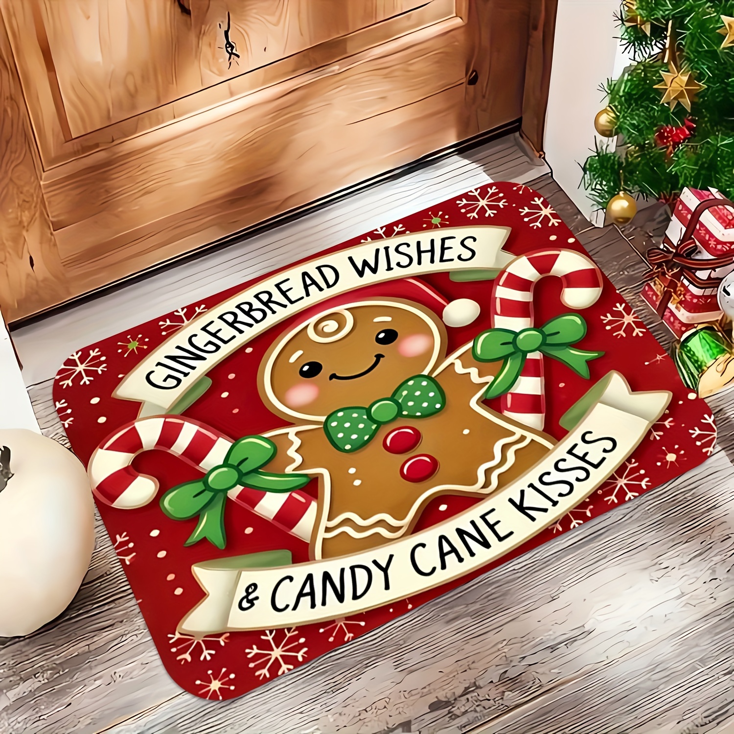 TEMU [ Products]welcome Mat Featuring Christmas Gingerbread Men And Candy Cane Designs - Machine Washable, 0.47 Inch Thick - Suitable For Bathroom,