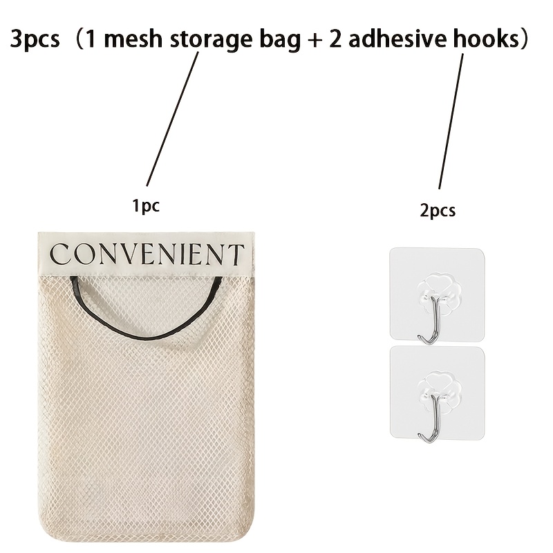 TEMU 3pcs Set (1pc Mesh Storage Bag And 2pcs Adhesive Hooks) Kitchen Hanging Mesh Storage Bag, Reusable Over-the-door Mesh Bag, Breathable And