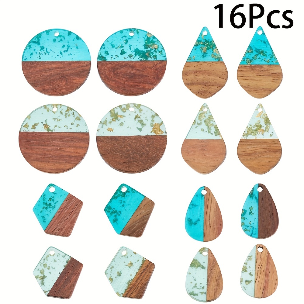 

1box/16pcs Wood Pendants 4 Styles Resin Wooden Polygon Flat Round Teardrop Vintage Resin Walnut Wood Charms With Golden Foil For Necklace Earring Jewelry Diy Craft Making