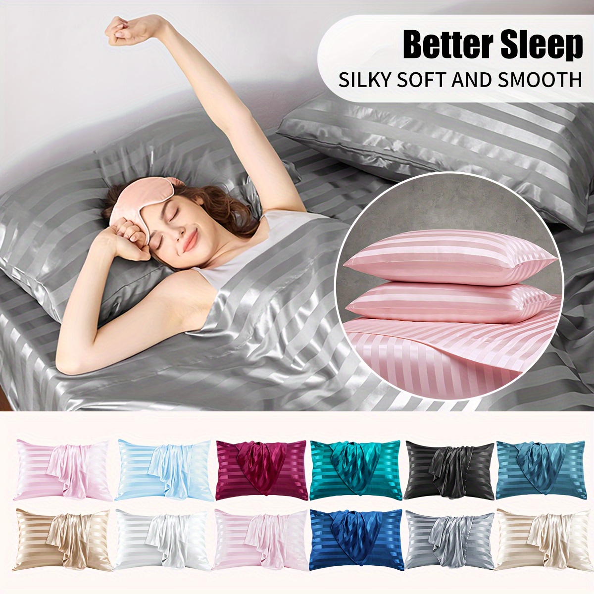 2-пакет мягких наволочек   satin, шелковисто-гладкая упаковка, полосатый  , предотвращение повреждения волос, устойчивость к морщинам, машинная стирка, 200-250г/м² полиэстер для домашнего использования Детали 0