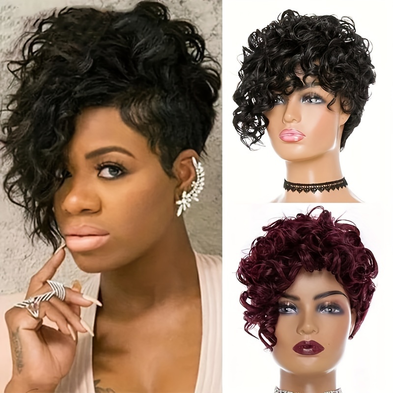 

Elegant Short Curly Wig For Women With Bangs - High Temperature Fiber, Rose Net Cap, Curly Wave Style, Versatile Headpiece For Cosplay And Parties - 8 Inch Kinky Synthetic Wig