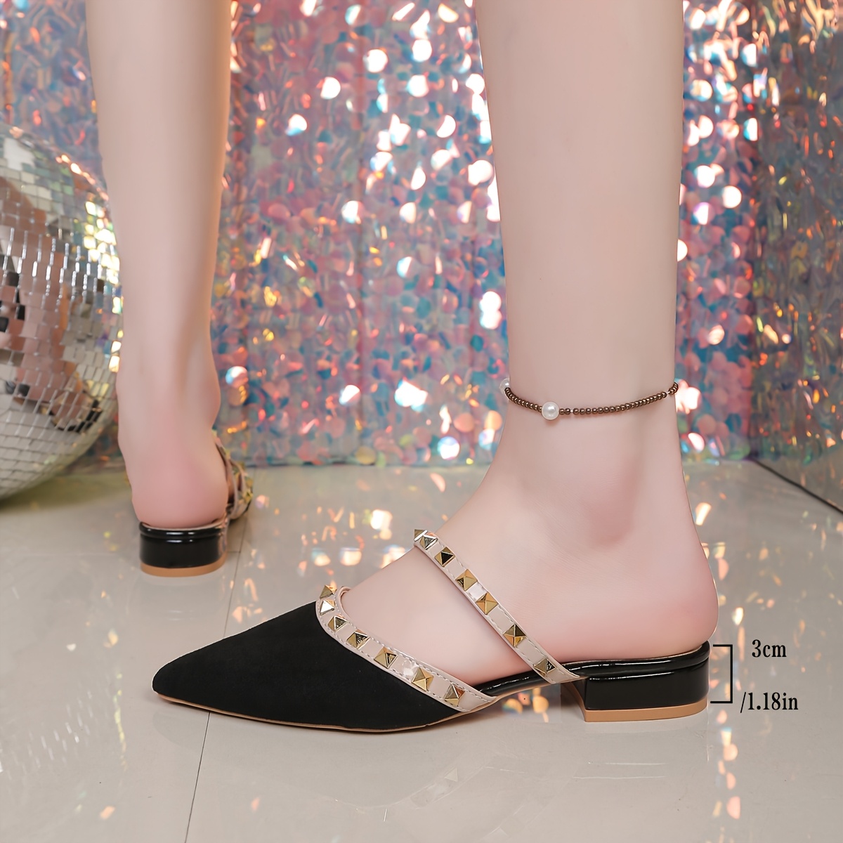 New Summer French Elegant Pointed Toe Slingback Studded Slip-On Black Sandals with Chunky Mid-Low Heels, Perfect for Outdoor Wear., Women Shoes