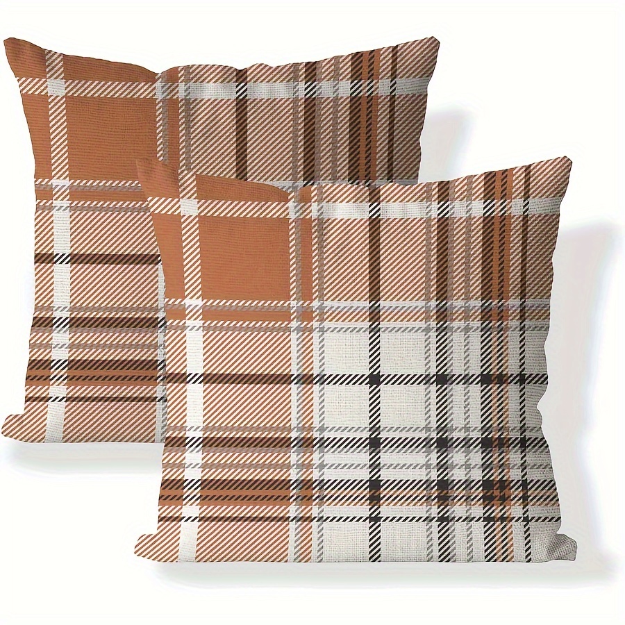 

2pcs Pillow Covers - Orange & Grey Plaid, Farmhouse Thanksgiving Decor, Zip Closure, Machine Washable - 16x16, 18x18, 20x20 Inches (pillow Not Included)