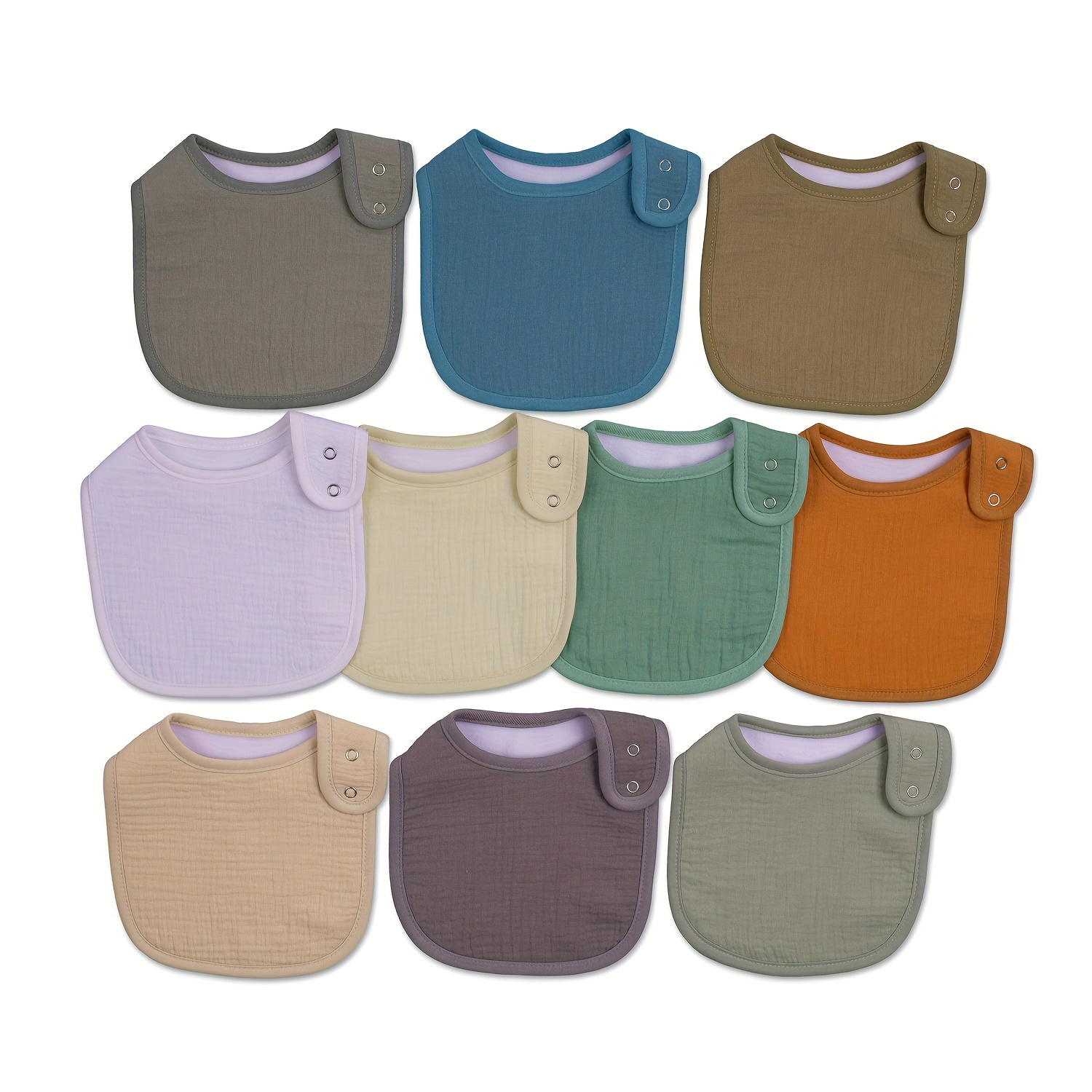 Image of Set Of 10 Muslin Bibs Suitable For Infants, Designed For Boys And Girls. Are Soft, Breathable, And Absorbent, Featuring Adjustable Snap Fasteners, Ideal For Feeding, Teething, And